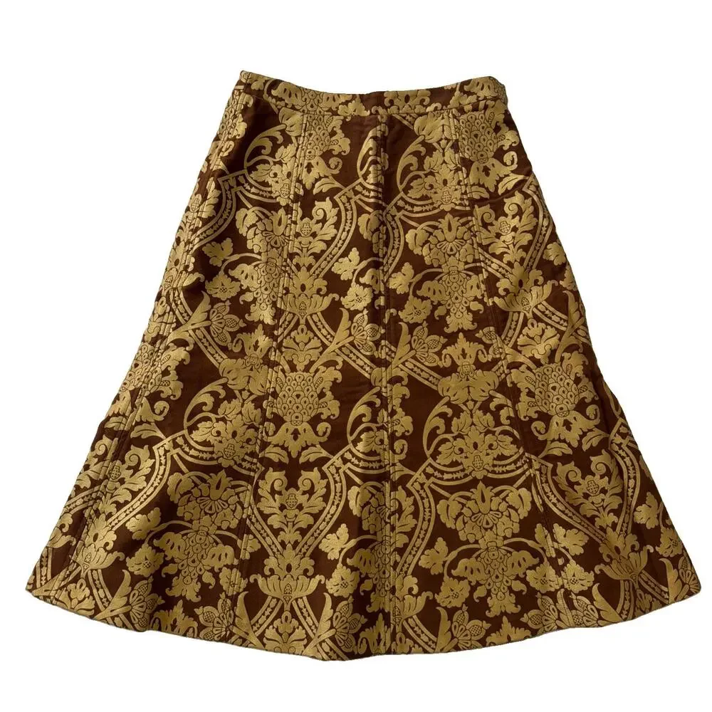 Yoana Baraschi Midi Skirt 2 Brown Gold Damask Brocade Jacquard A Line Holiday